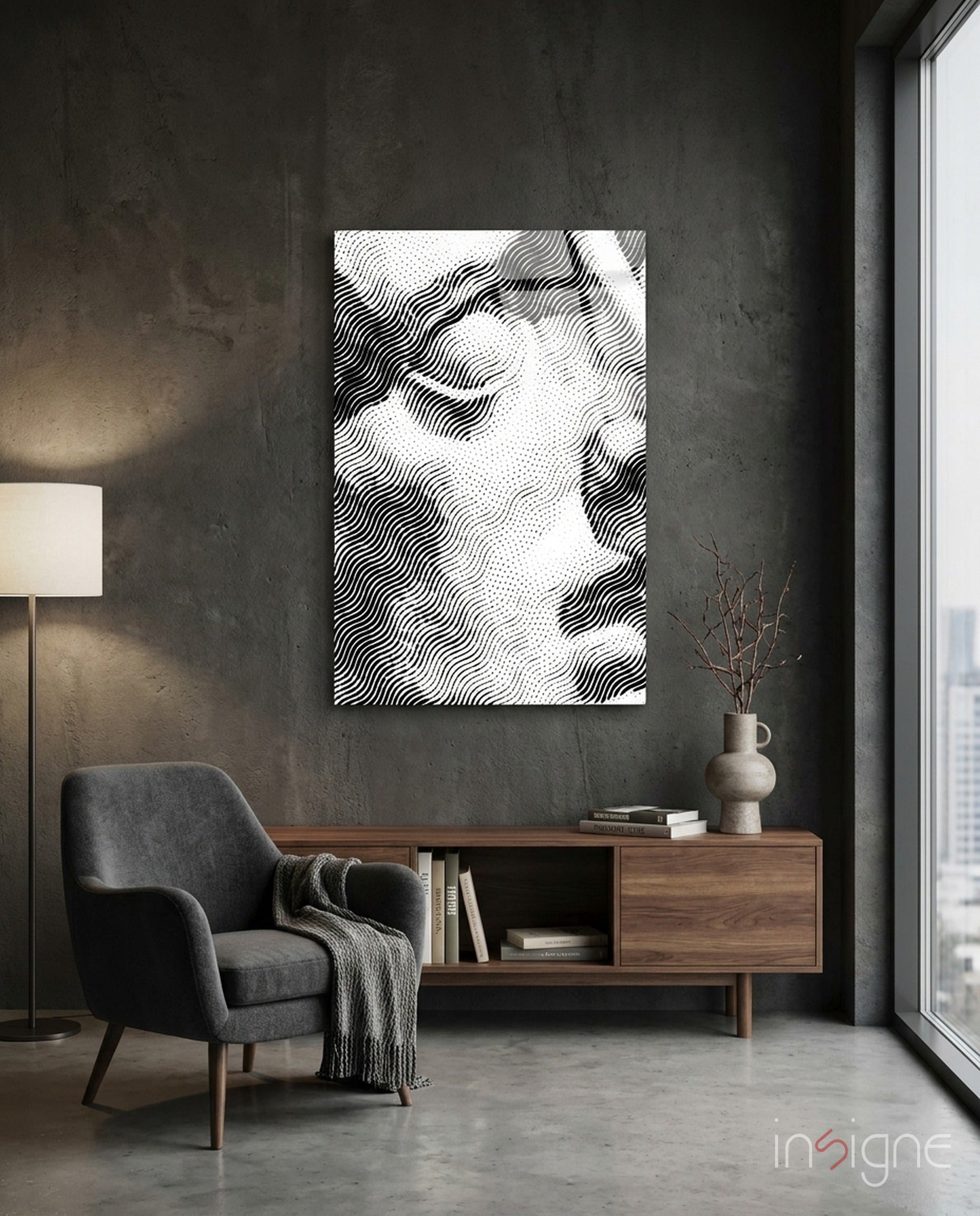 Line-art form glass wall art in chalk and onyx
