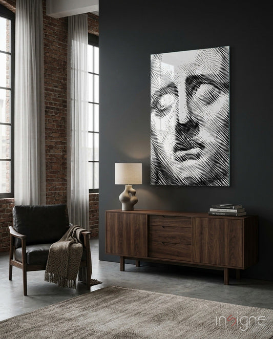 Sadness line-art portrait glass wall art in chalk and onyx