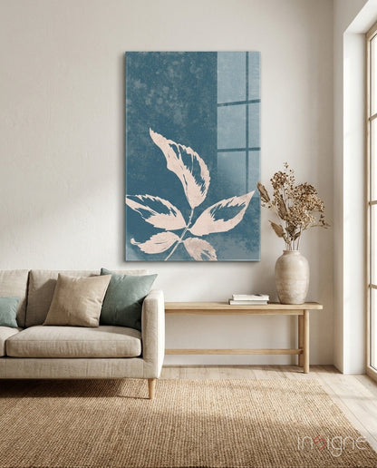 Pressed leaf botanical glass wall art in slate blue