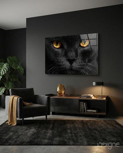 Cat glass wall art, black cat with amber eyes portrait