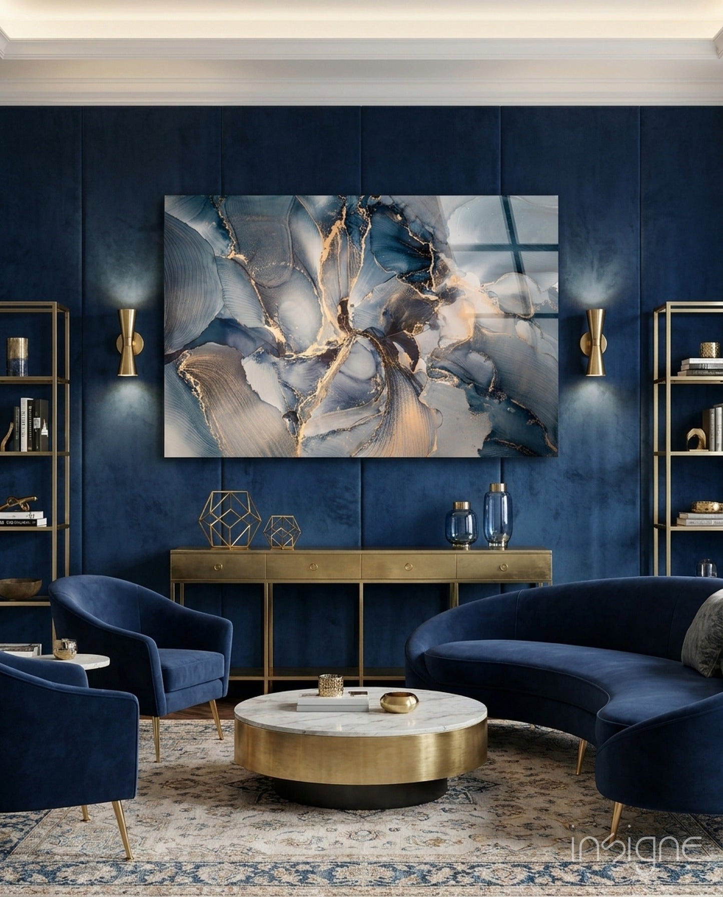 Marble indigo abstract glass wall art
