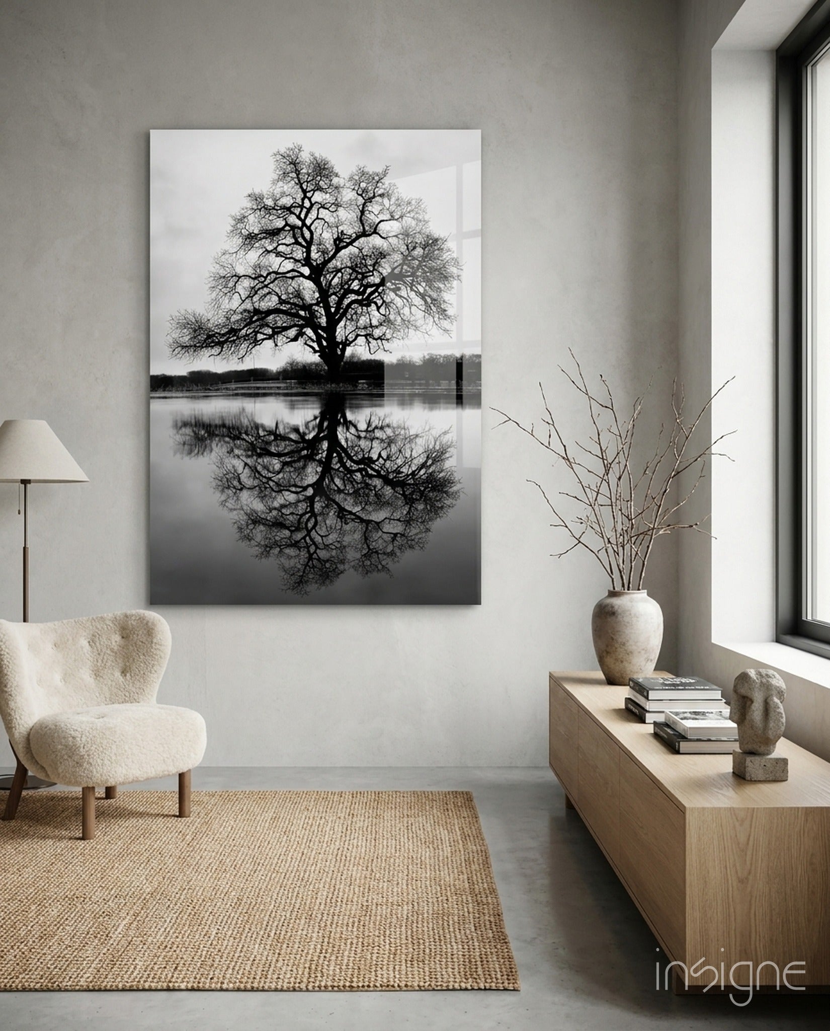 Bare tree reflection glass wall art, black-and-white tree mirrored on calm lake water