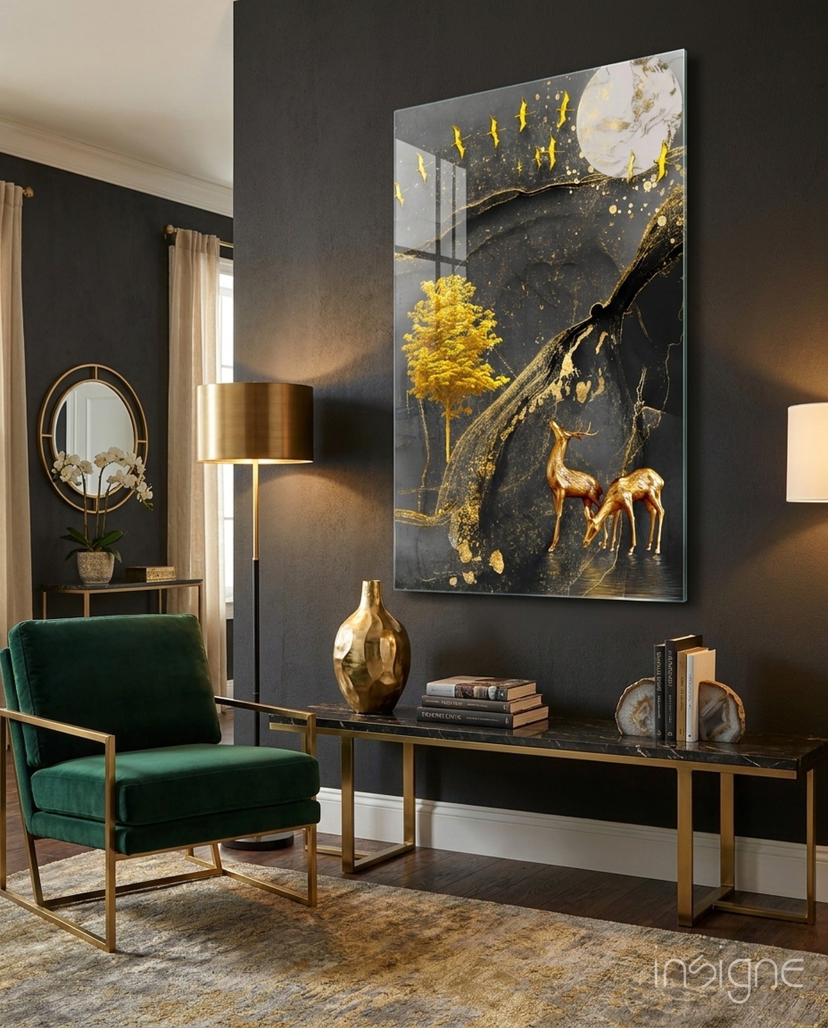 Golden Tree and Gazelles glass wall art featuring a luxe gazelle landscape