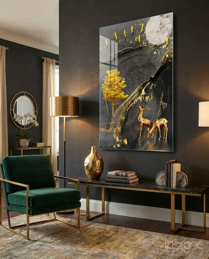 Golden Tree and Gazelles glass wall art featuring a luxe gazelle landscape