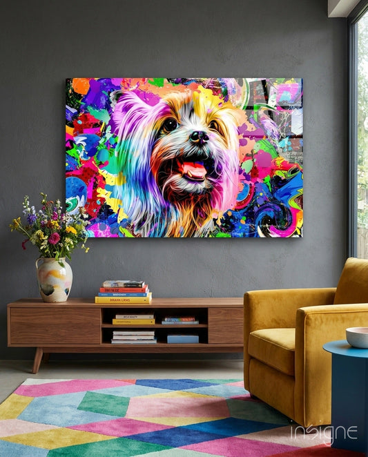 Happy puppy glass wall art, pop-graffiti Yorkshire terrier