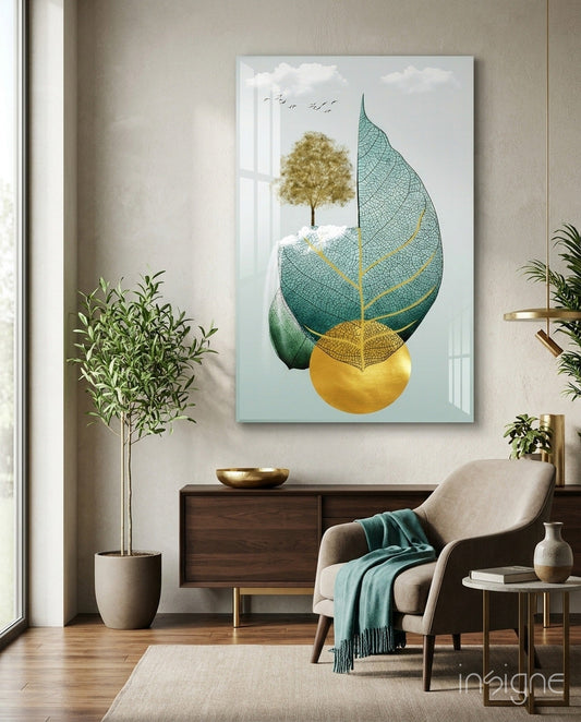 Tree on a Leaf glass wall art featuring a surreal leaf and tree vignette