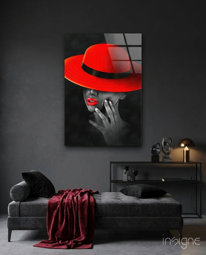 Scarlet hat woman glass wall art, film-noir portrait with red hat and lips on black