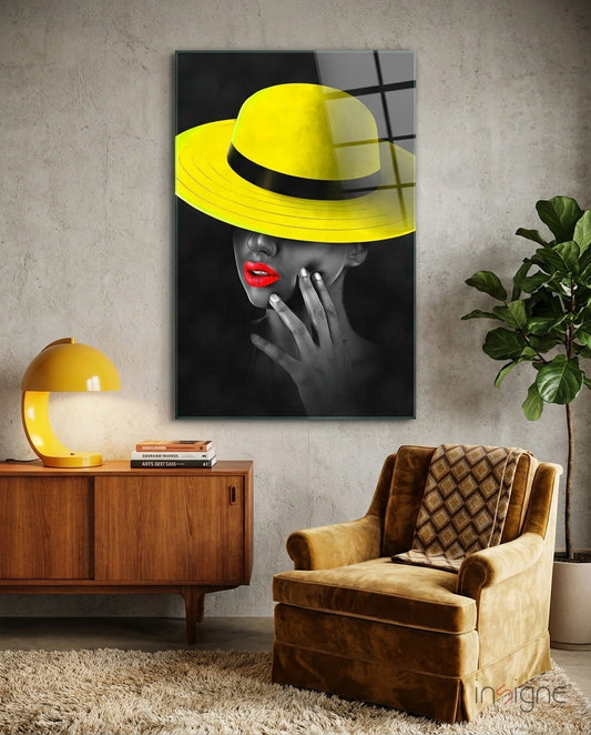 Yellow hat portrait glass wall art