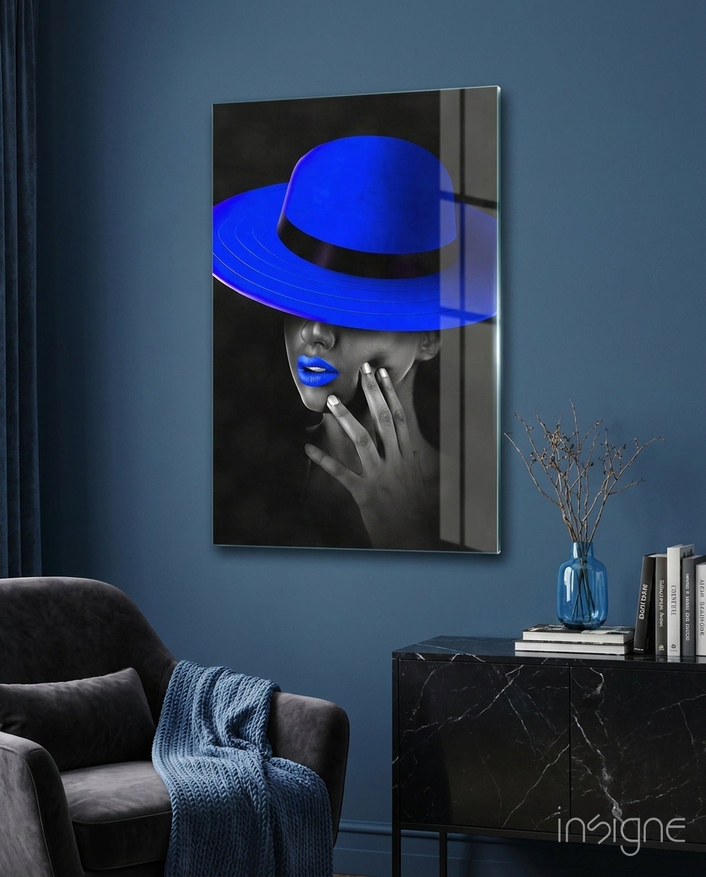 Blue Hat glass wall art selective-color fashion portrait