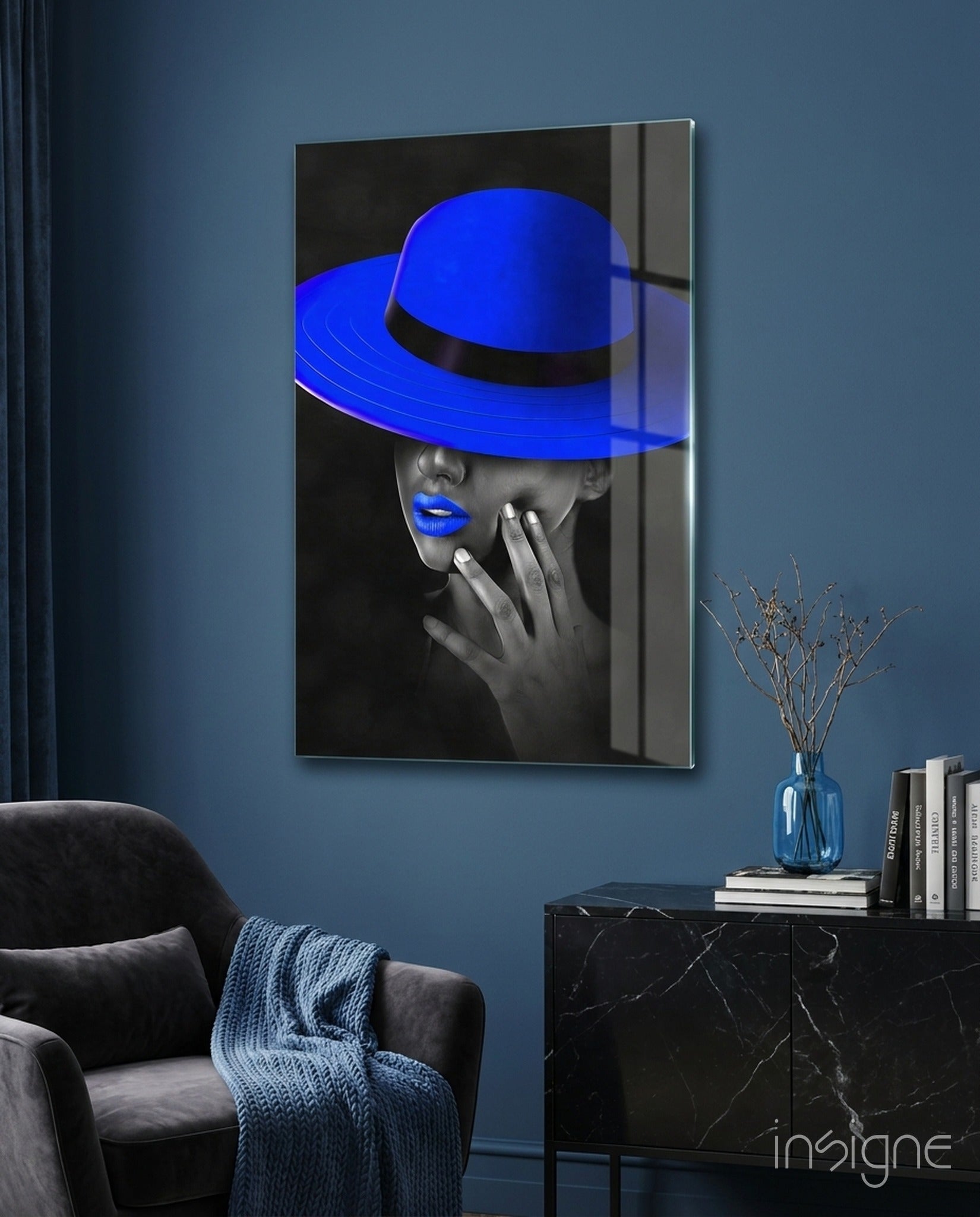 Blue Hat glass wall art selective-color fashion portrait