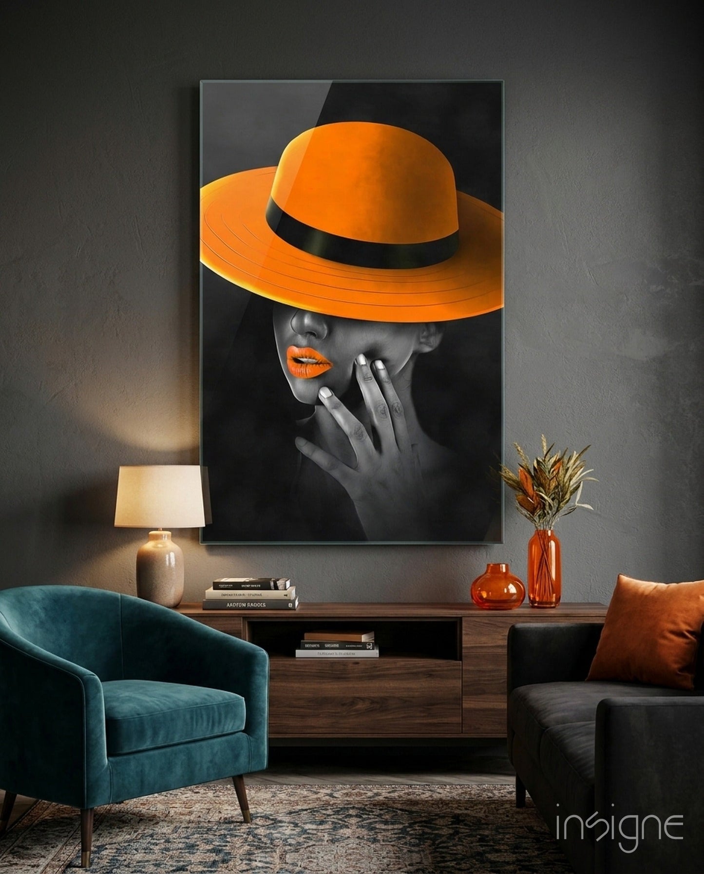 Orange Hat glass wall art selective-color fashion portrait