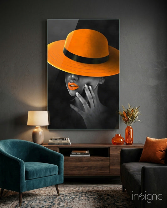 Orange Hat glass wall art selective-color fashion portrait