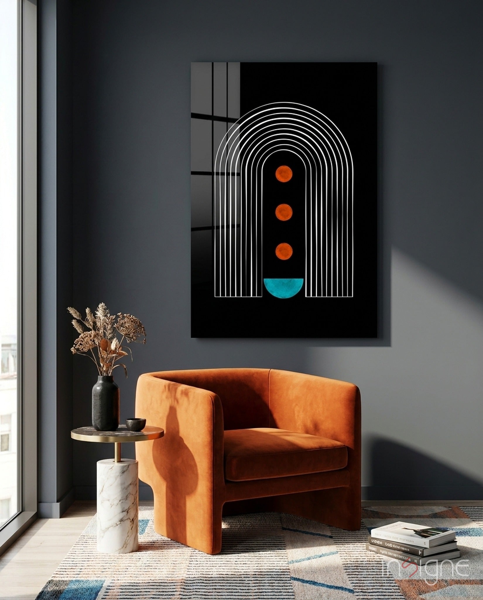 Dots Under the Rainbow glass wall art featuring a mid-century arch design