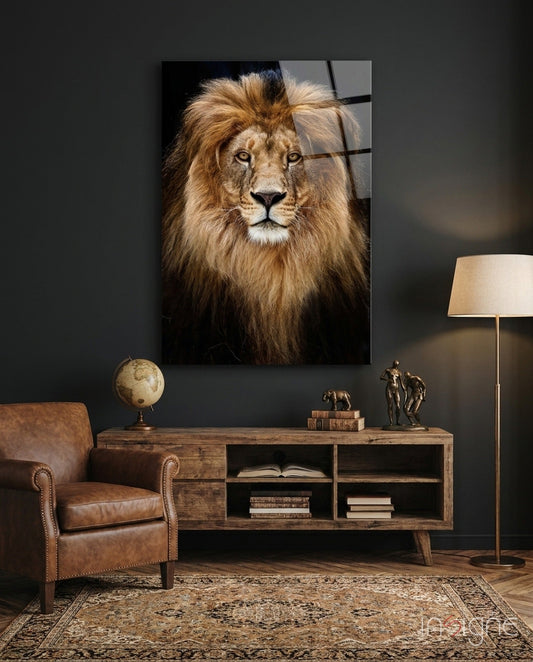 Amber eye lion portrait glass wall art onyx and amber low-key wildlife