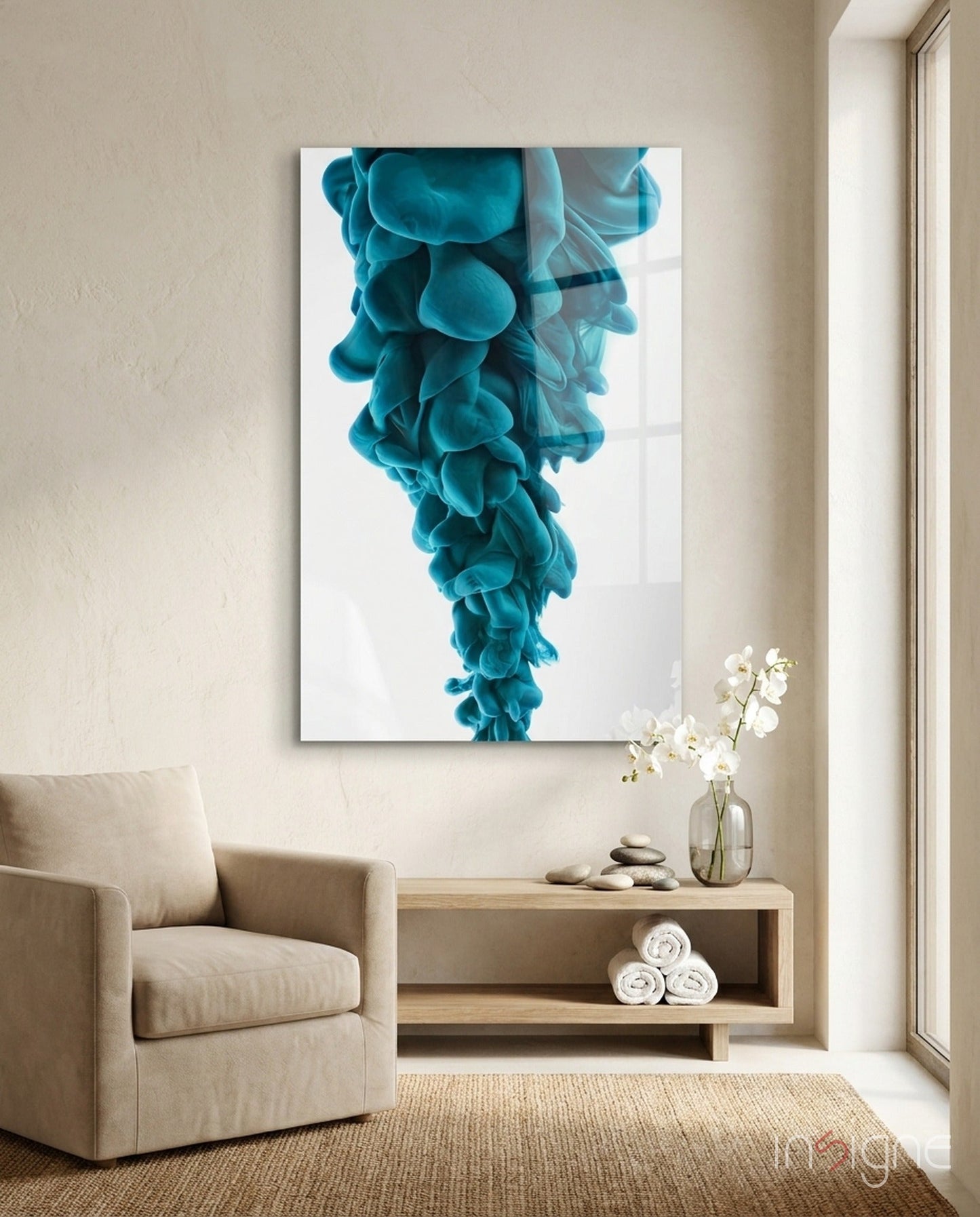 Blue Layers glass wall art featuring a teal fluid ink cloud design