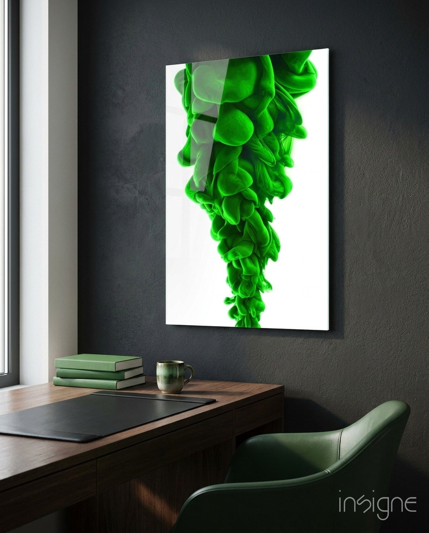 Green Layers glass wall art with emerald ink cloud design