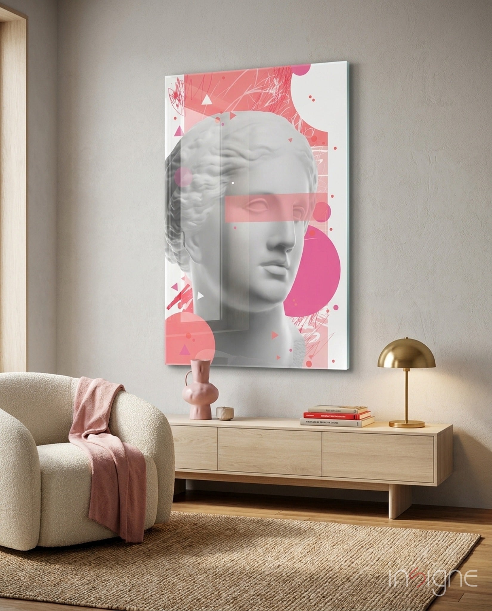 Statue glass wall art with classical goddess bust and pop-art circles