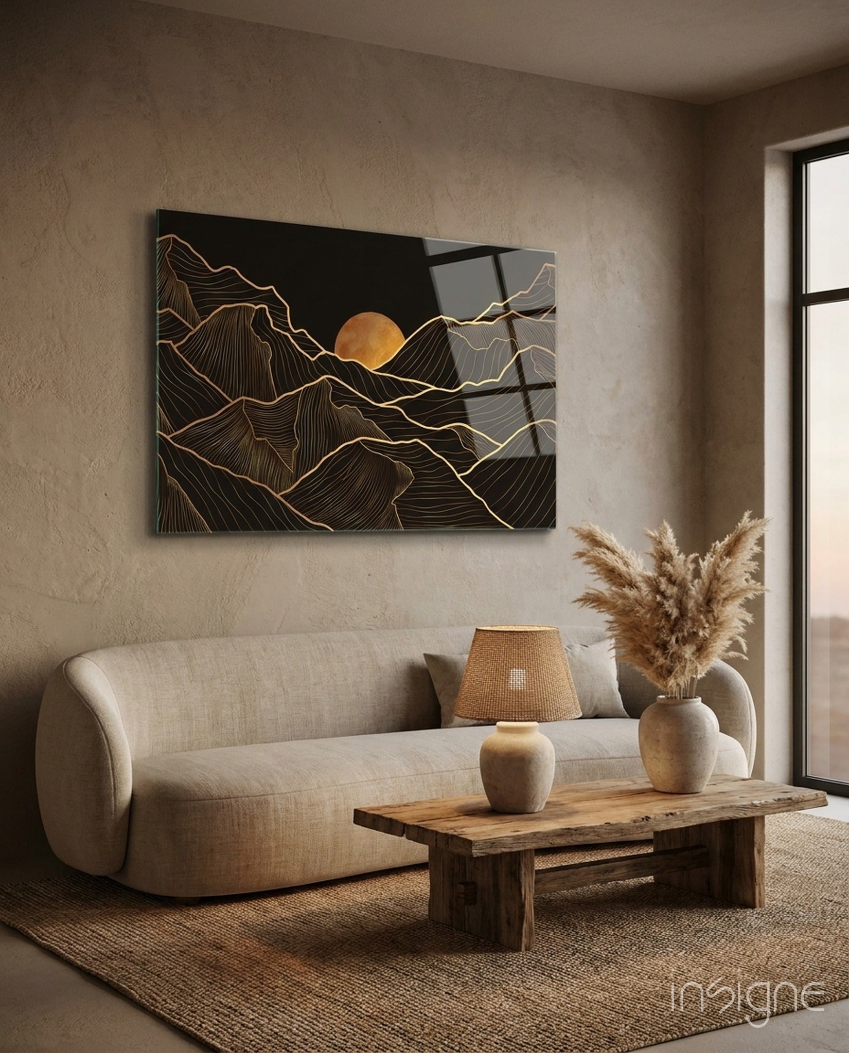 Gold line topographic mountains under an amber moon on glass wall art