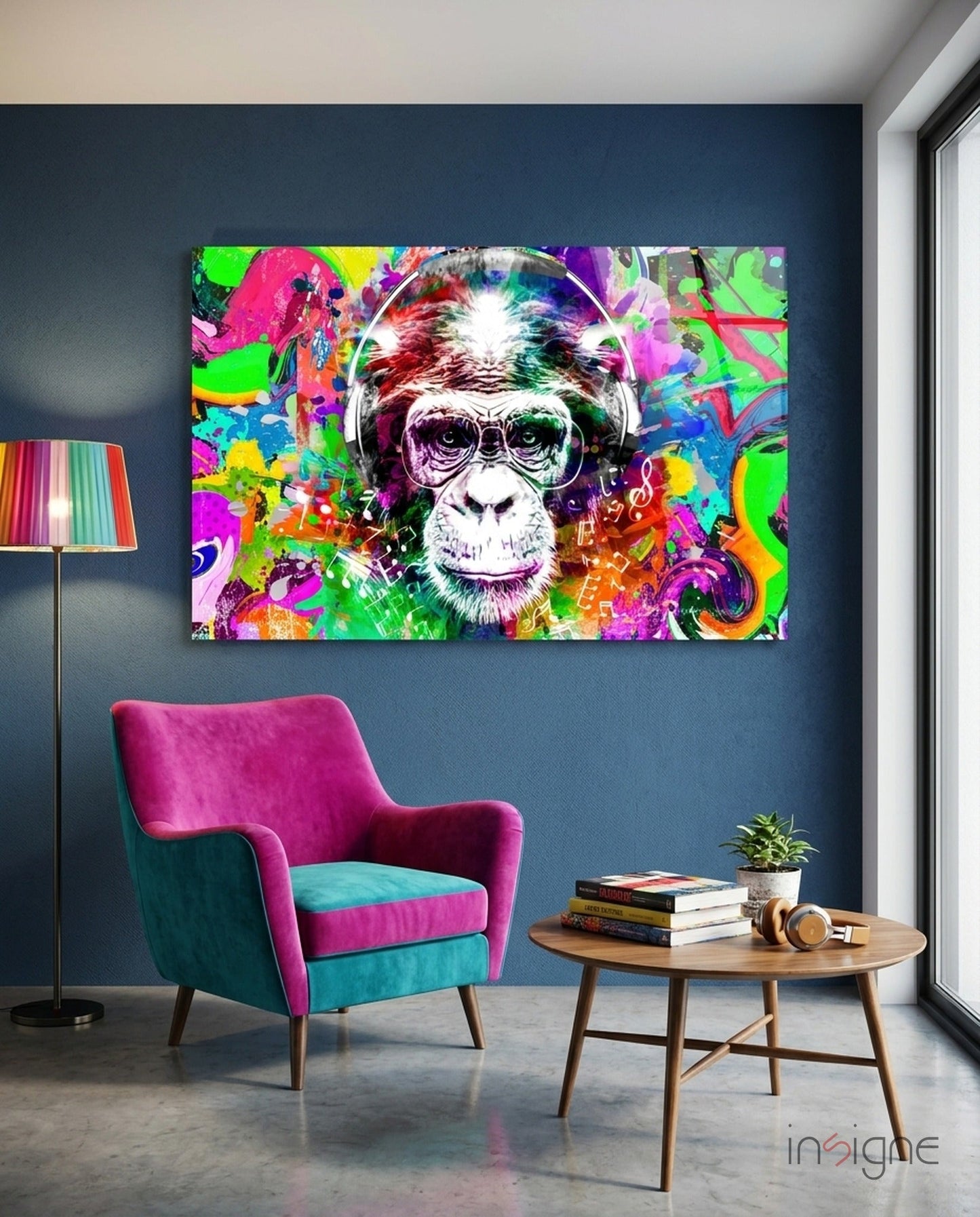 Chimp with headphones glass wall art in pop-graffiti tones