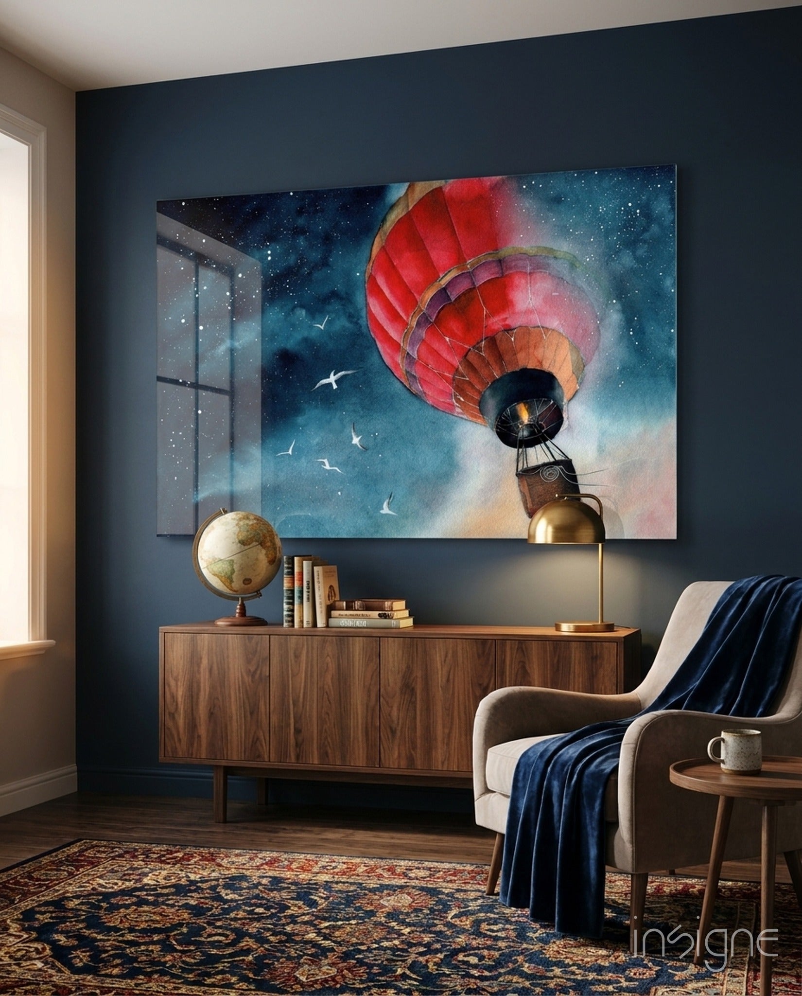 Balloon to the Moon glass wall art with hot air balloon in night sky