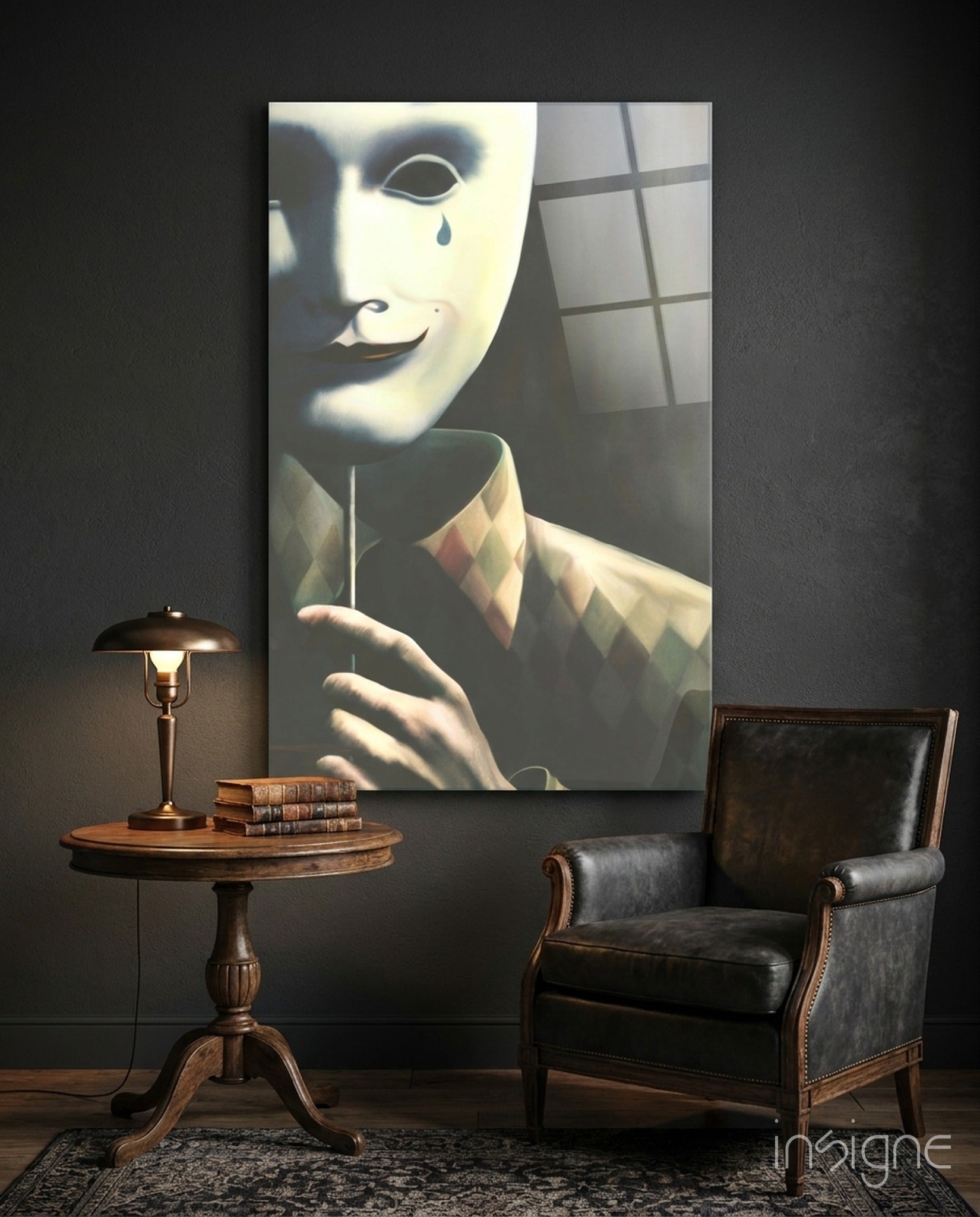 Mask the Sadness harlequin mask glass wall art