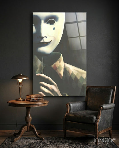 Mask the Sadness harlequin mask glass wall art
