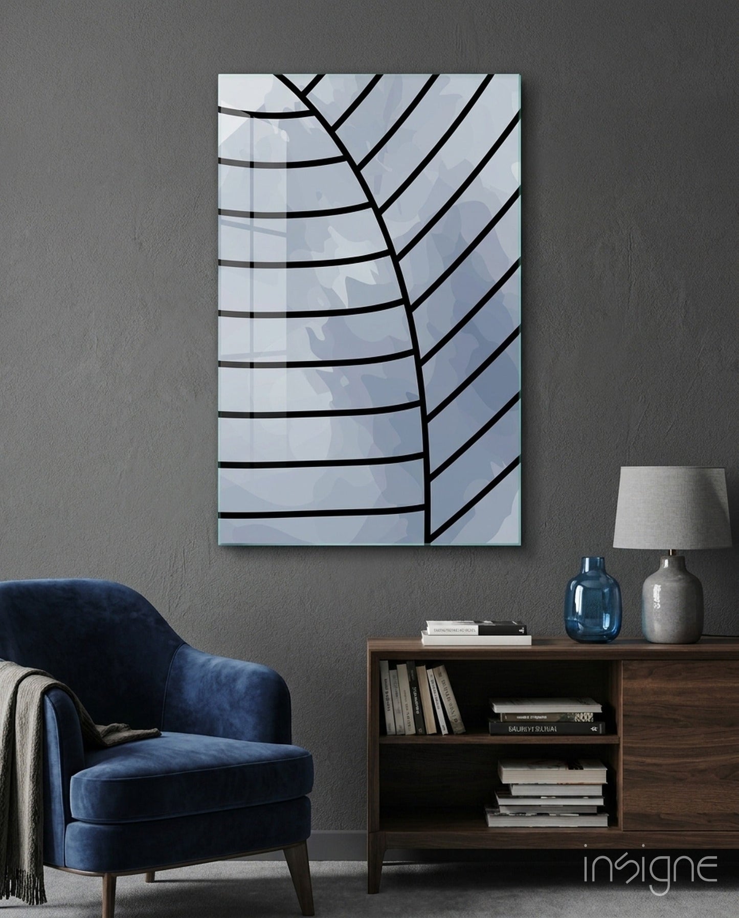 Banana leaf line art glass wall art in slate blue