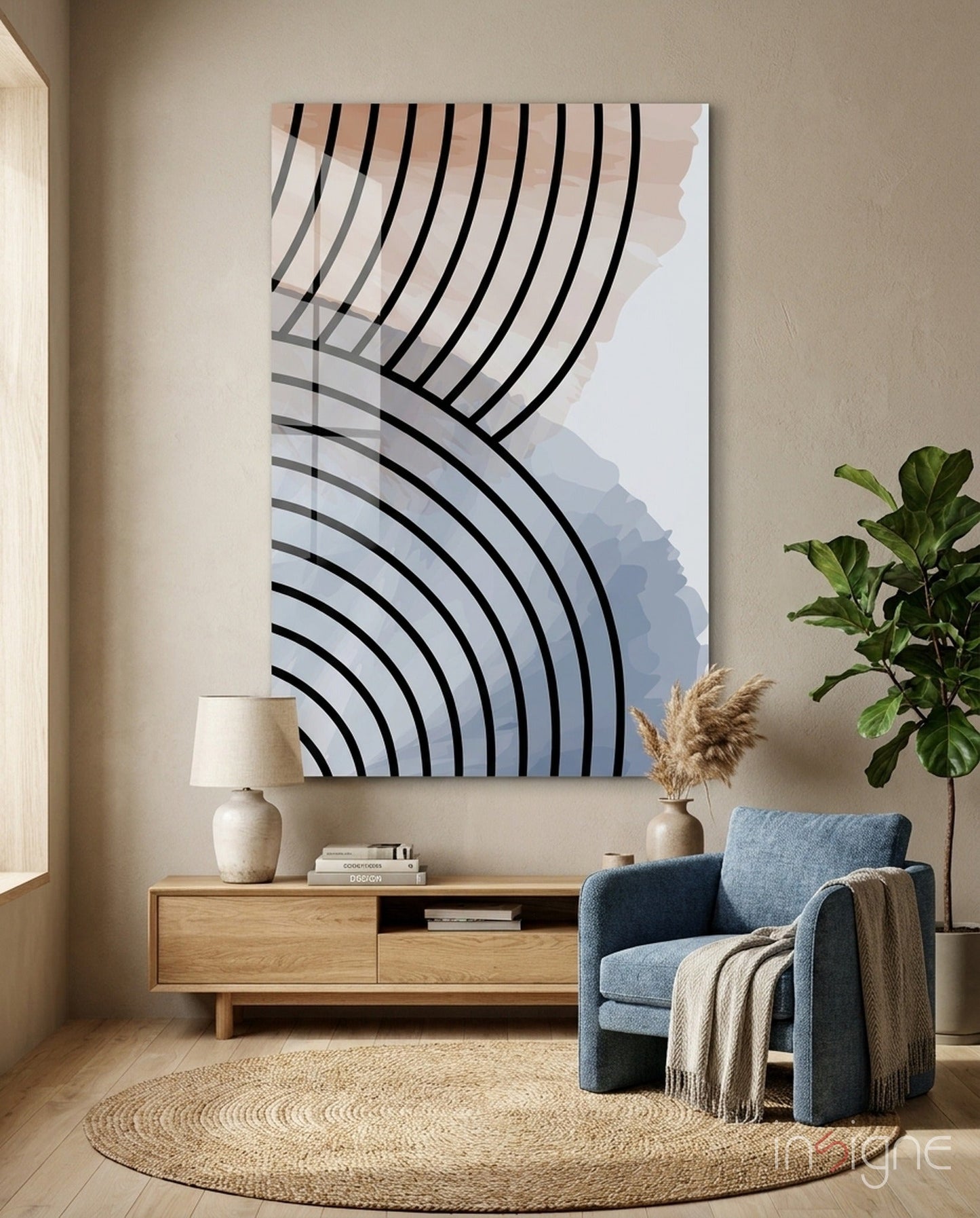 Lines of Waves glass wall art with interlocked black line waves
