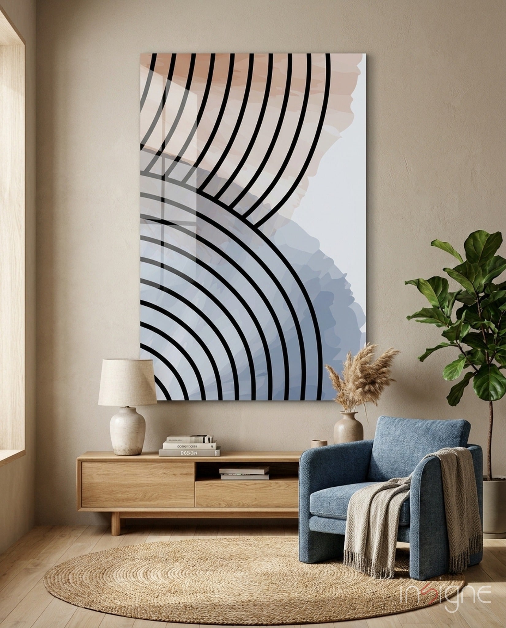 Lines of Waves glass wall art with interlocked black line waves
