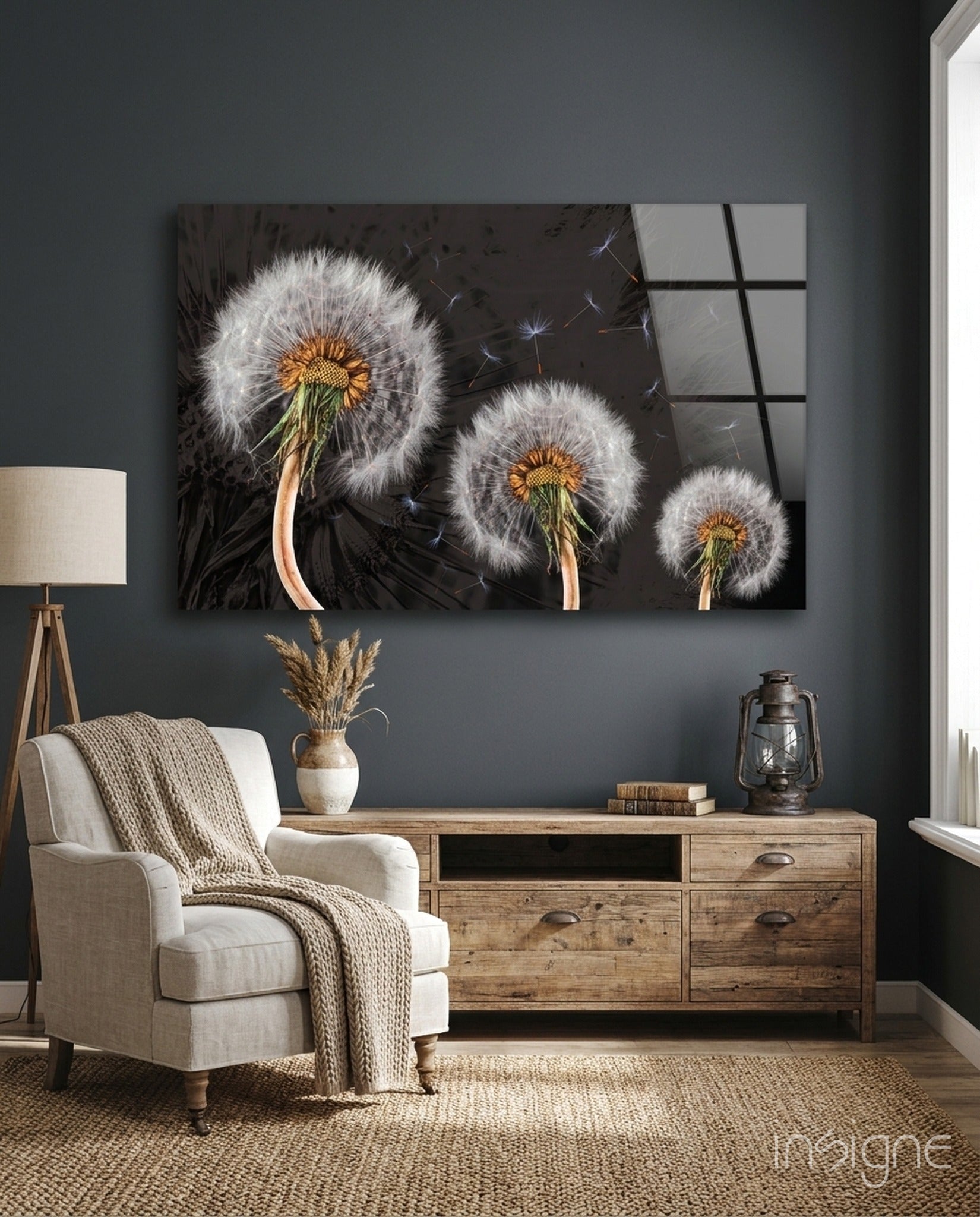 Dandelion macro glass wall art on charcoal ground