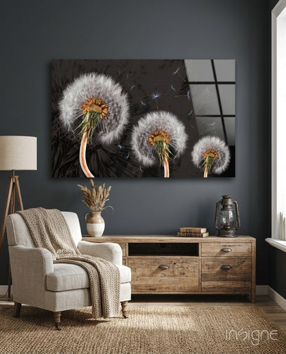 Dandelion macro glass wall art on charcoal ground