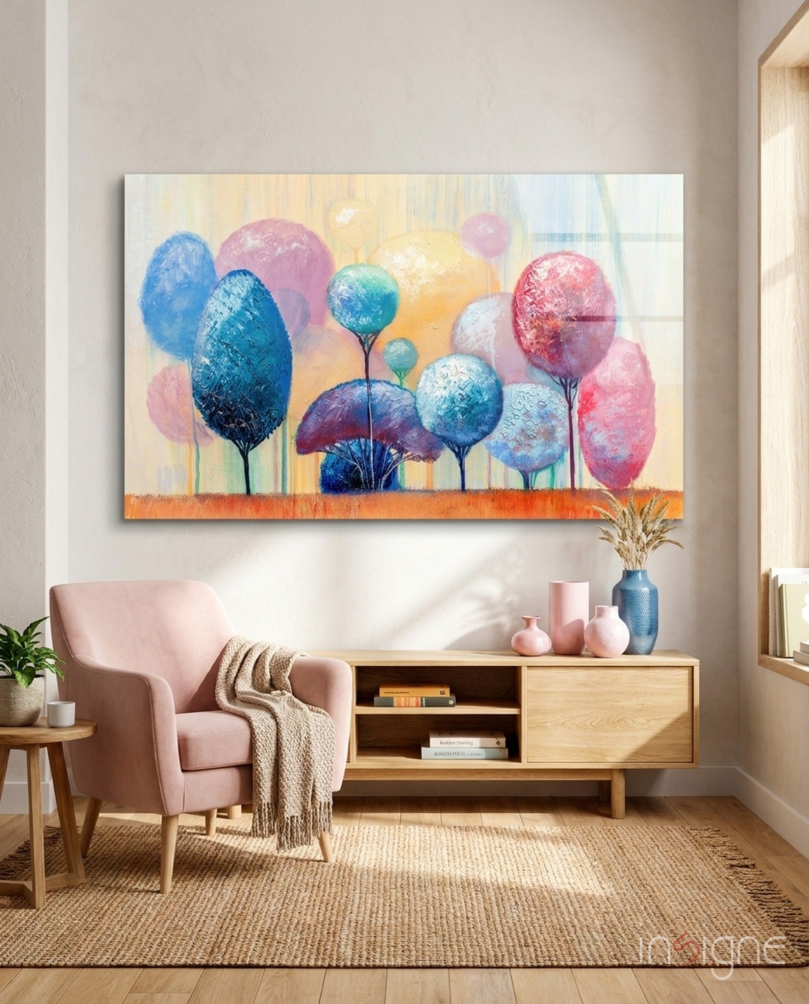 Fairytale tree glass wall art in pastel tones