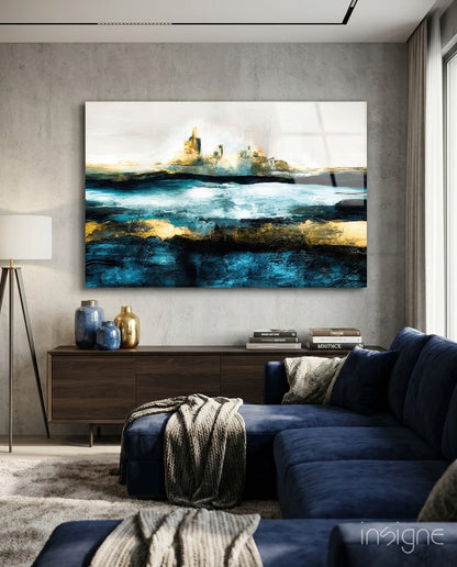 Painterly seascape glass wall art in cobalt and gold