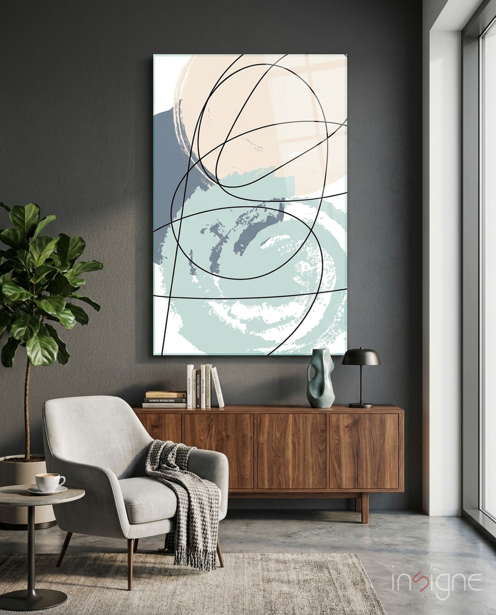 Chaotic glass wall art with abstract circles and line scribbles