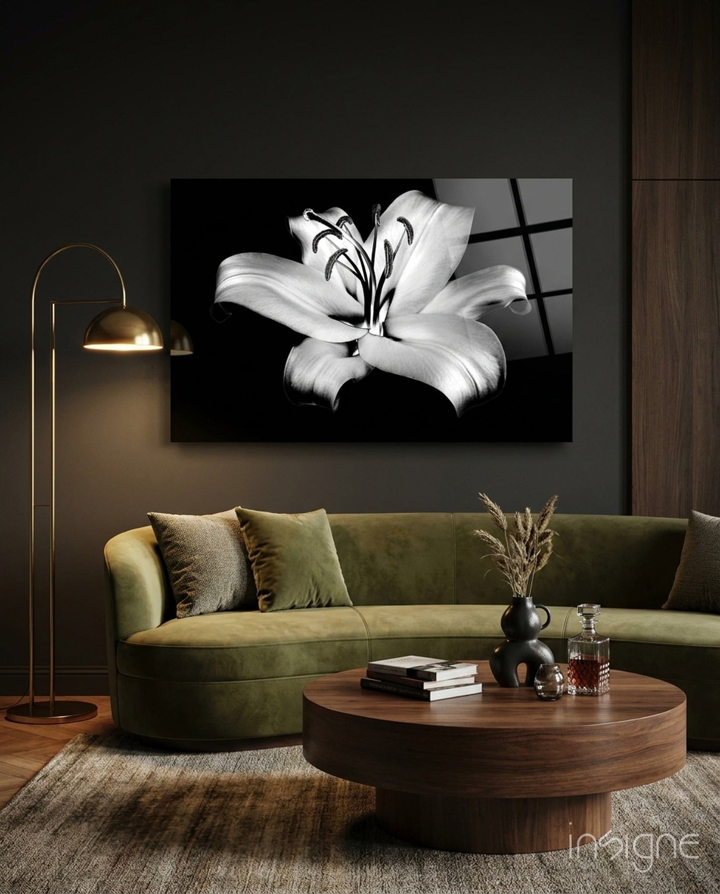 Monochrome lily glass wall art with macro detail