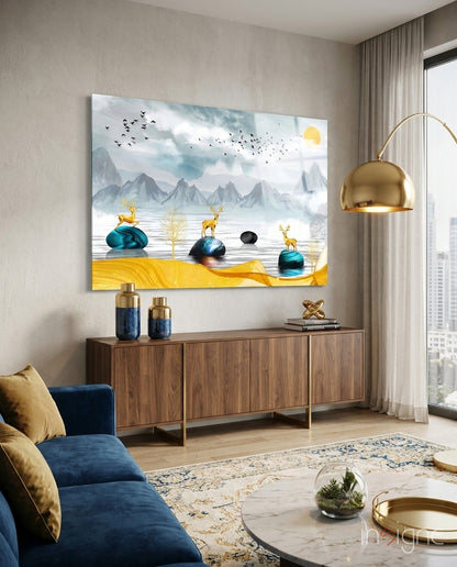Lake of a Dream golden deer glass wall art