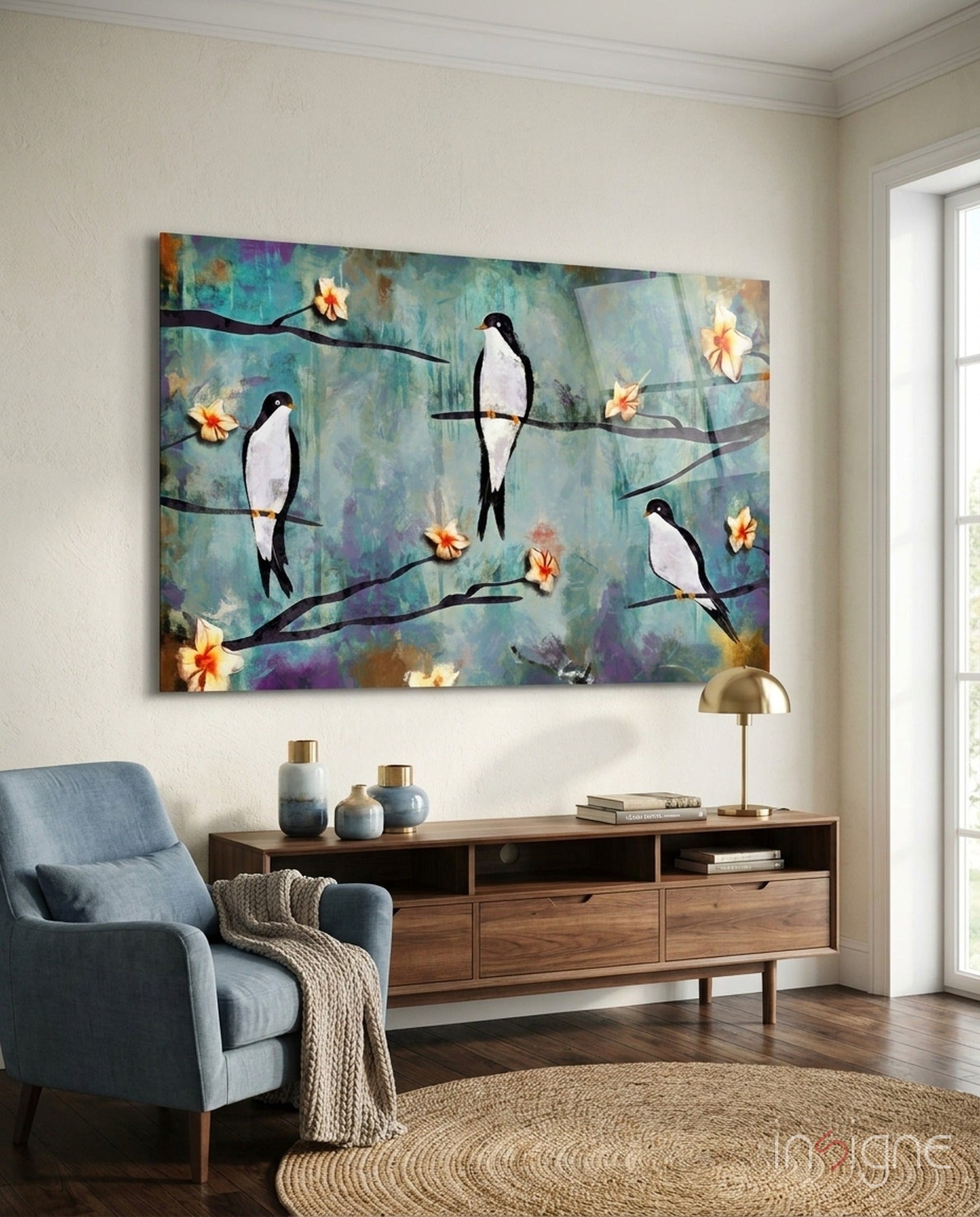 Birds of a dream glass wall art - three painterly swallows on teal-violet branches with blossoms