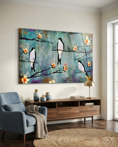 Birds of a dream glass wall art - three painterly swallows on teal-violet branches with blossoms