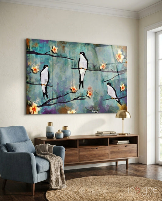 Birds of a dream glass wall art - three painterly swallows on teal-violet branches with blossoms