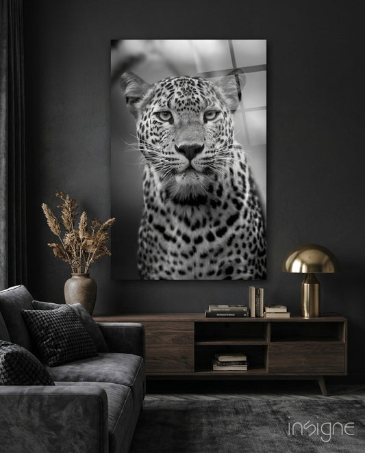 Monochrome leopard glass wall art with rosette detail