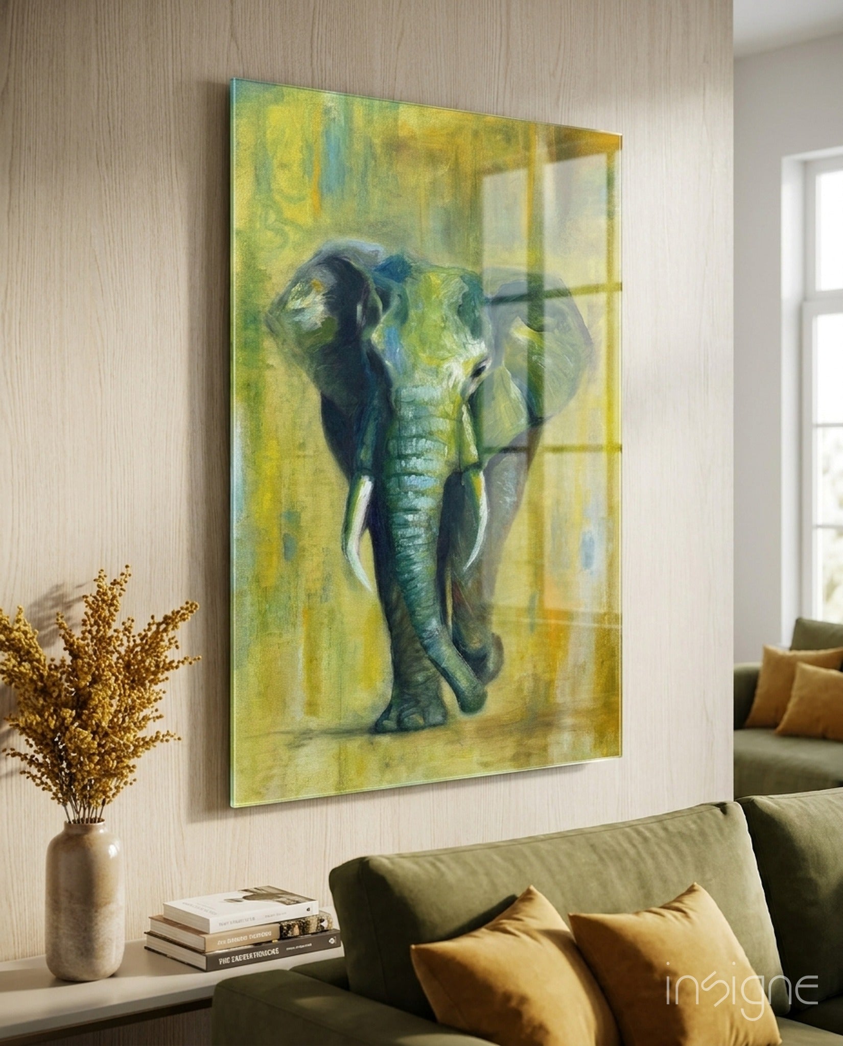Painterly elephant glass wall art in marigold tones