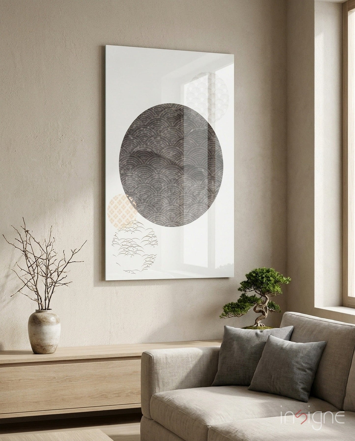 Black Moon glass wall art featuring a Japandi-style patterned moon design