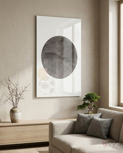 Black Moon glass wall art featuring a Japandi-style patterned moon design