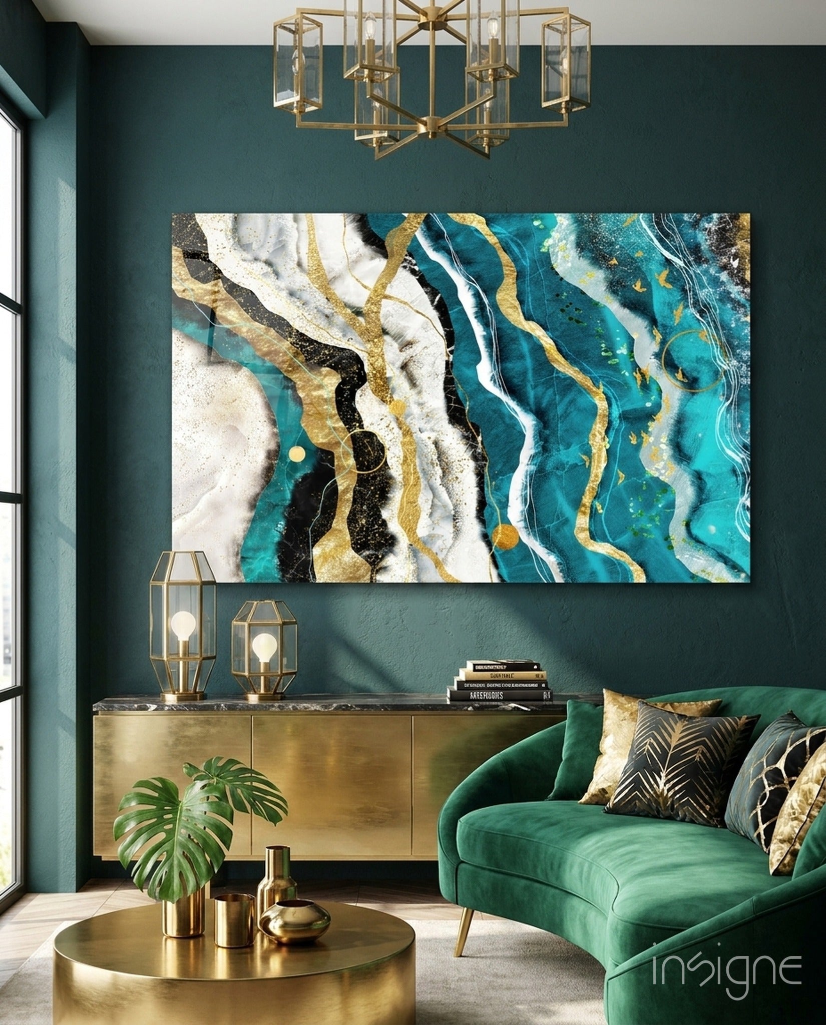 Marble waves glass wall art in teal and gold tones