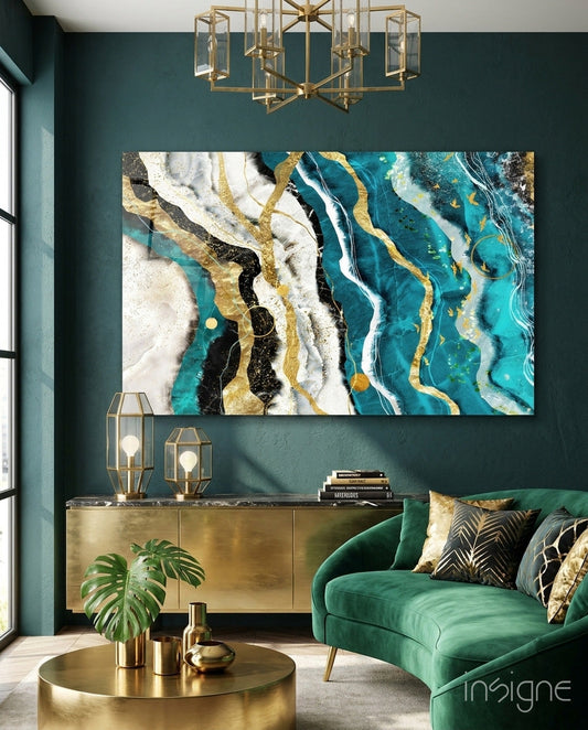 Marble waves glass wall art in teal and gold tones