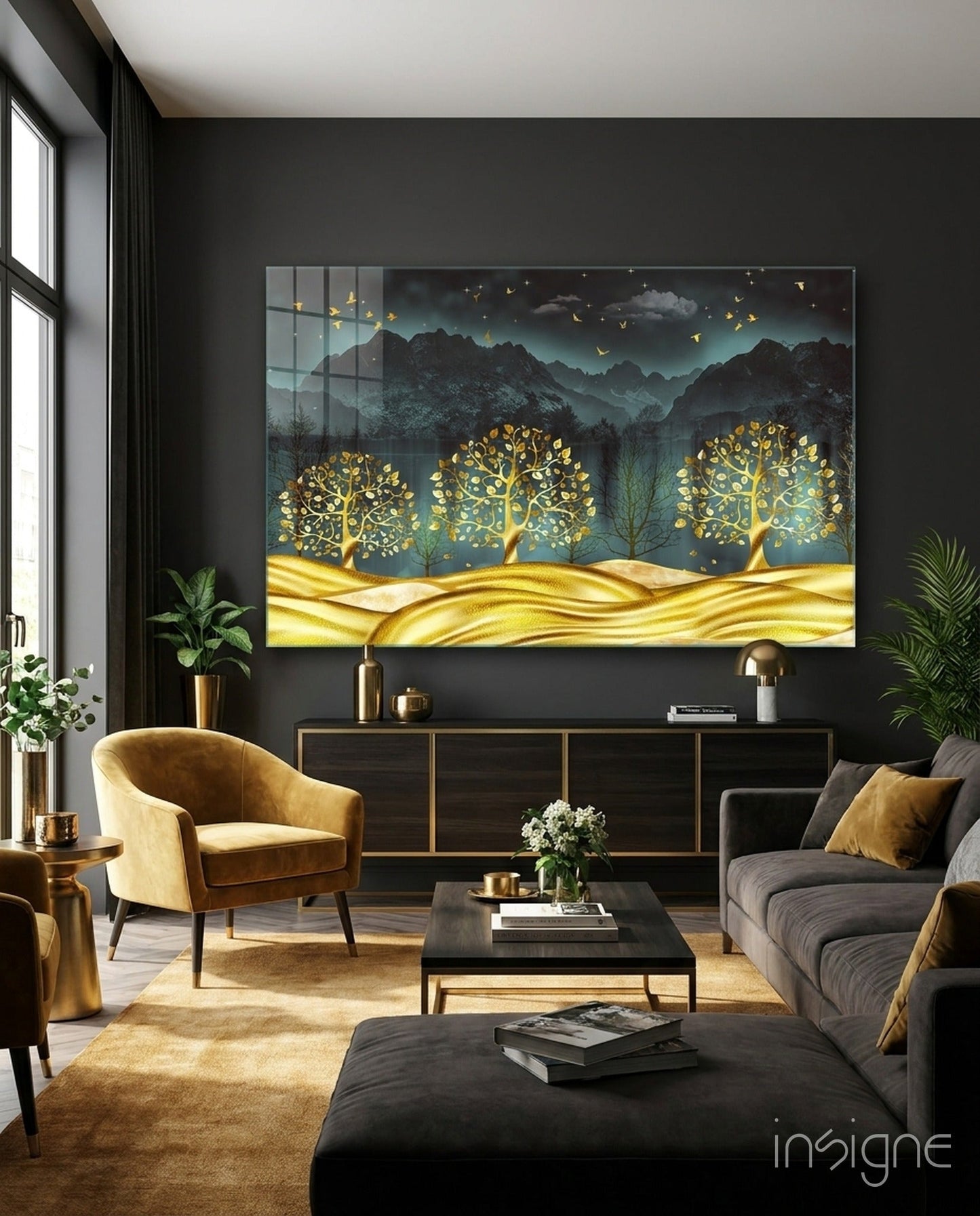 Golden Forest Mountain Night glass wall art