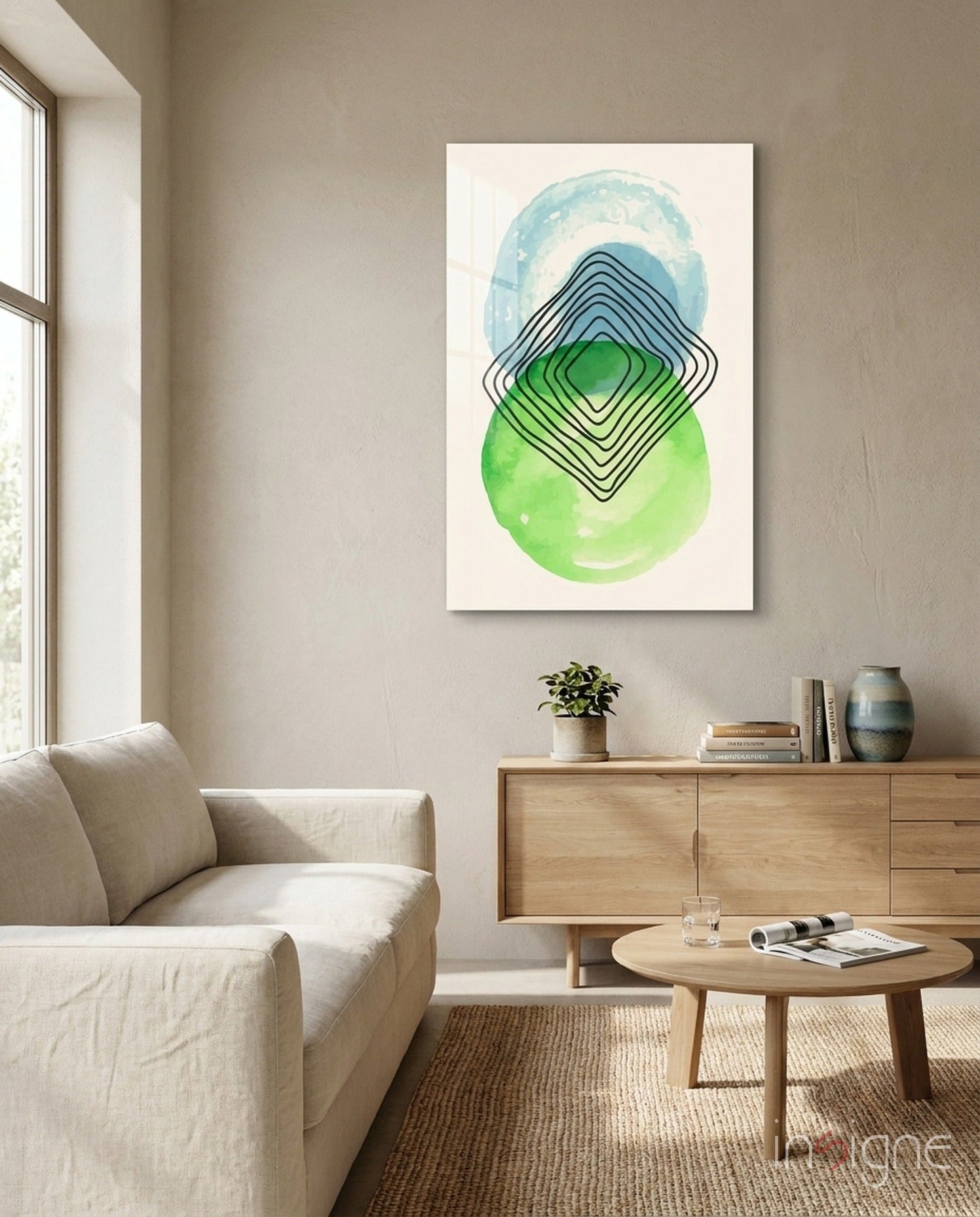 Abstract Circles glass wall art with blue and green circles