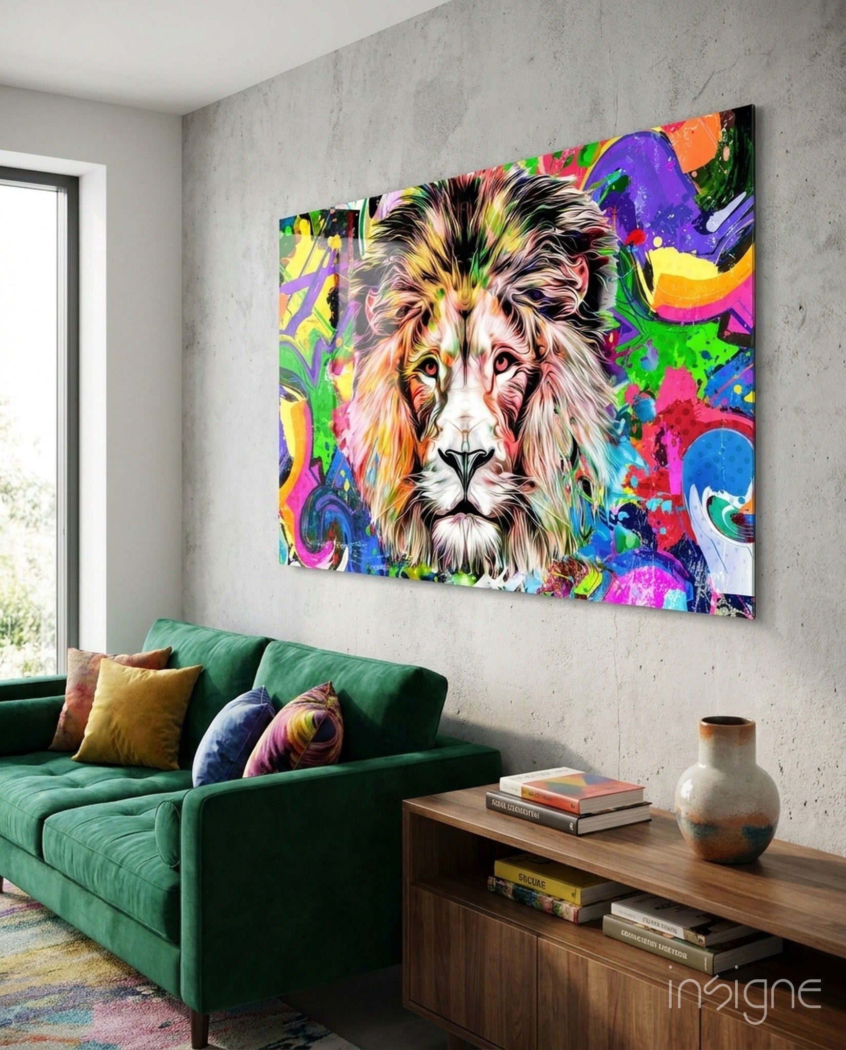 Pop graffiti lion glass wall art magenta jade cobalt neon splashes tempered glass