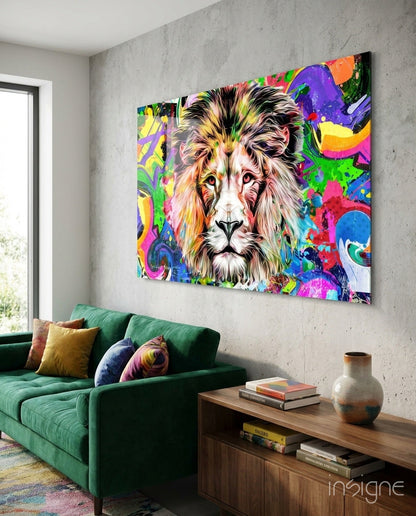 Pop graffiti lion glass wall art magenta jade cobalt neon splashes tempered glass