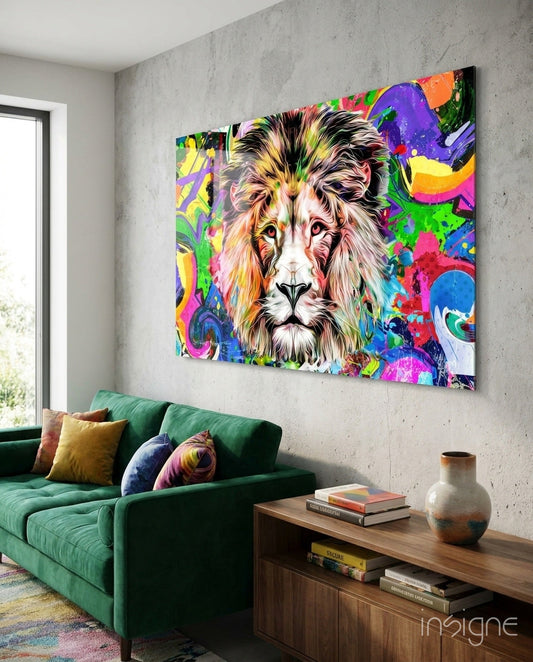 Pop graffiti lion glass wall art magenta jade cobalt neon splashes tempered glass